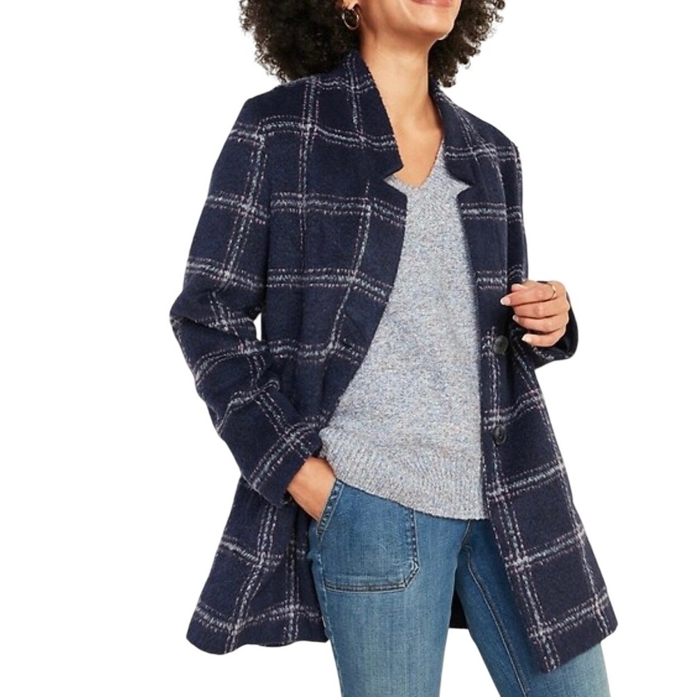 Old Navy Women's Cozy Coatigan Navy Blue Pink Plaid Wool Blend Jacket Size Med
